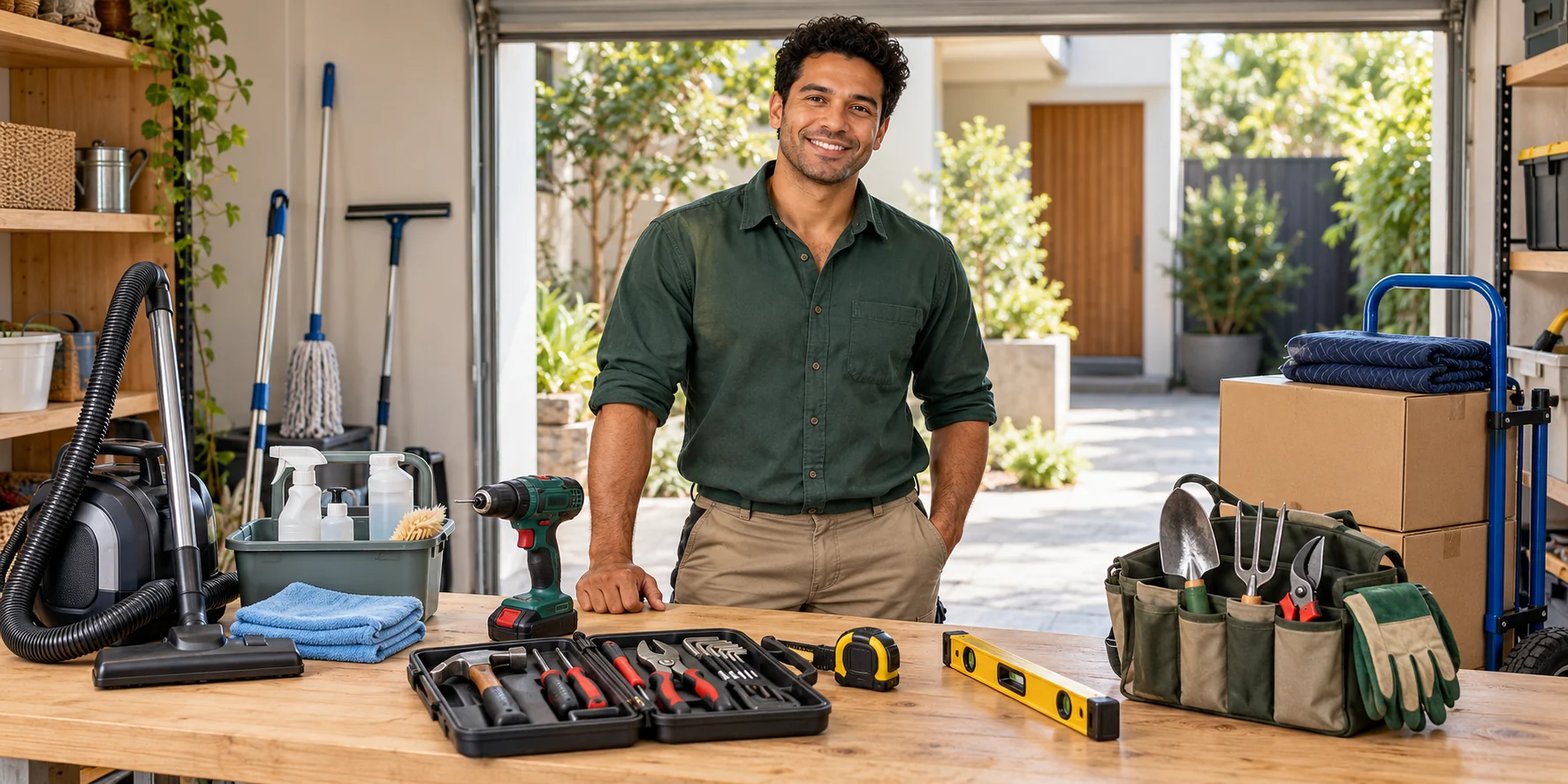 A home-service provider at a workbench surrounded by cleaning equipment, furniture assembly tools, gardening tools and a moving trolley.